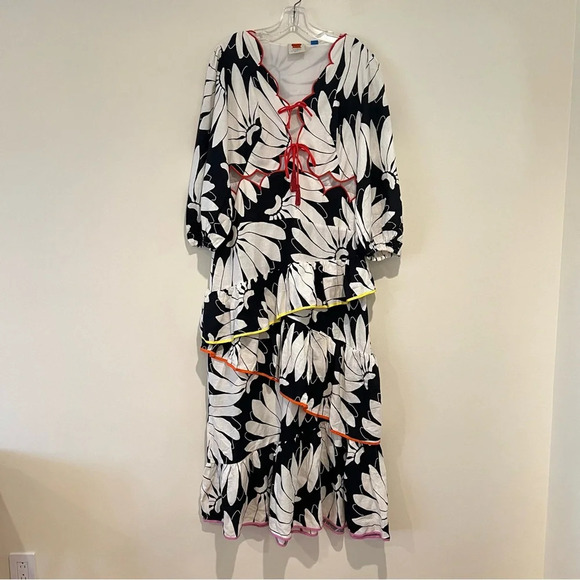 Farm Rio Cutout Tiered Tie Front Colorful Floral Tropical Boho Maxi Dress Large - Picture 3 of 9